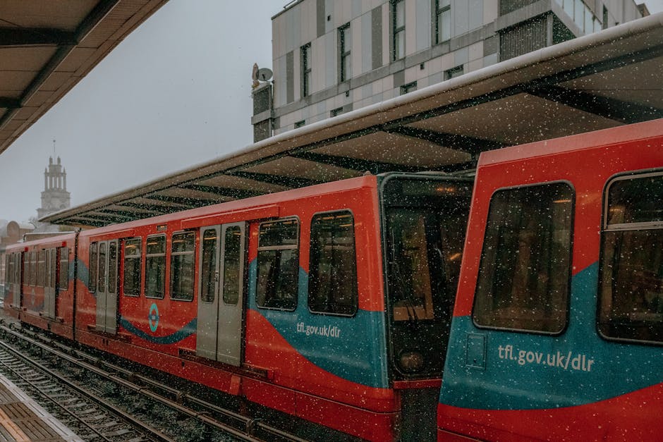 A red and blue Dockland Light Railway (DLR) train station platform during a snowy day, with the train parked alongside the platform. Snowflakes are visible falling, and the platform appears clean and 
