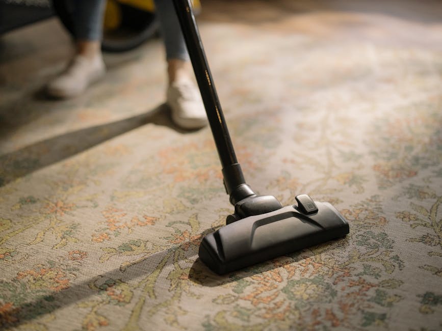 Close-up of a vacuum cleaner hose attached to a canister vacuum, positioned on a pink carpeted floor in a residential room with white walls and wooden skirting. The transparent canister shows dust and